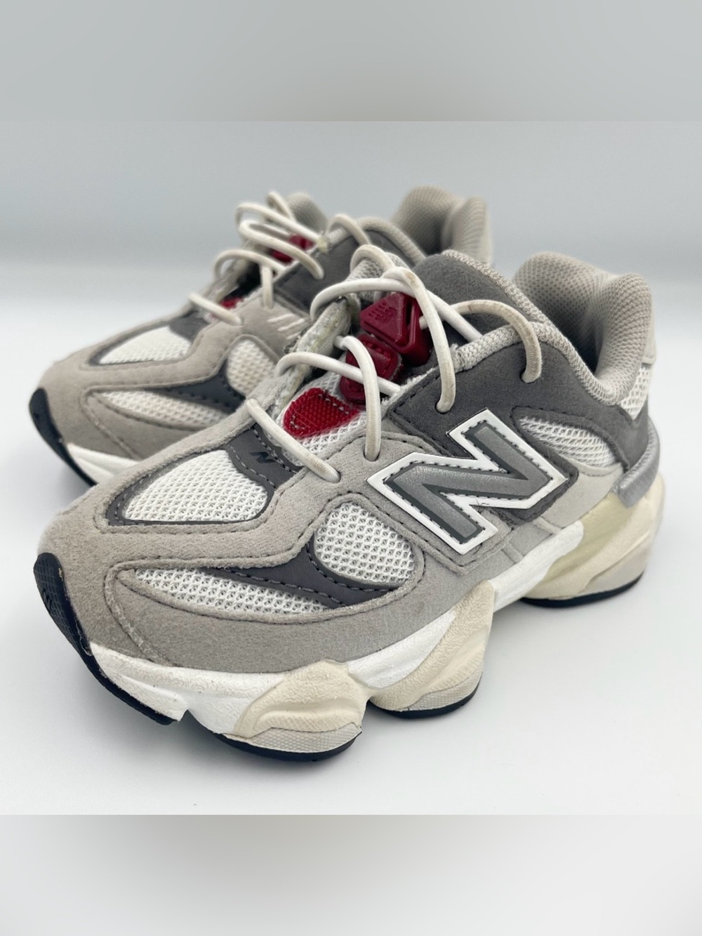 New Balance Kids Grey Mesh & Suede Sneakers with Red Accent